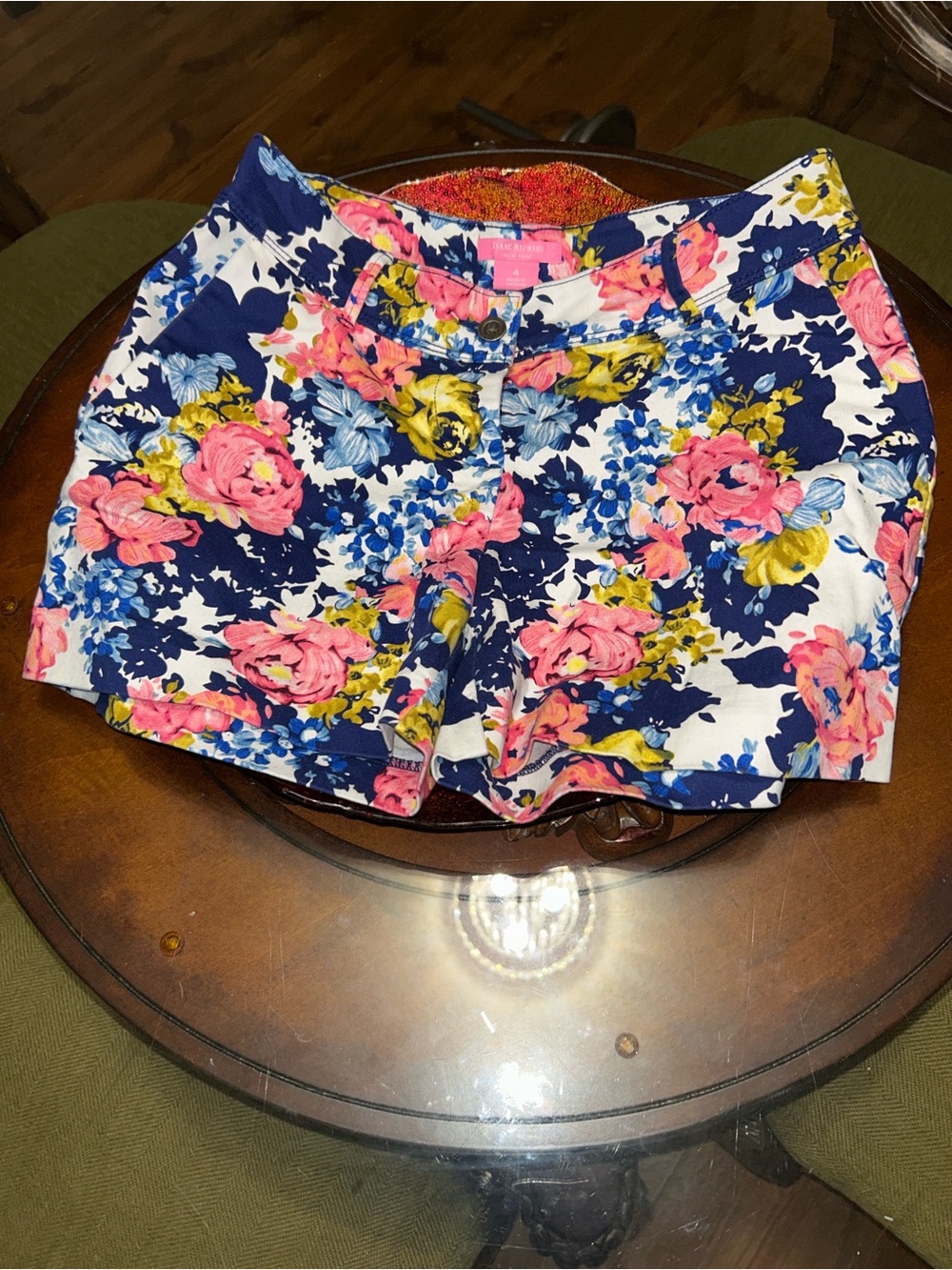 Isaac Mizrahi Navy Floral High-Waist Shorts with Pink & Yellow Accents